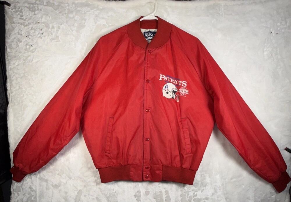 Vintage 1983 New England Patriots Red Nasco Snap Bomber Jacket L Super Bowl XX